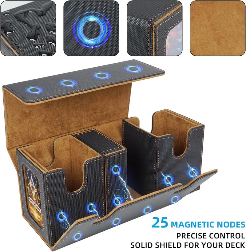 AFIING MTG Commander Deck Box 200 Double Sleeved Cards Storage, 3-in-1 Magnetic Card Case Organizer for Magic: The Gathering TCG CCG, 4 Dividers & 2 Toploaders (Black/Gold) - Image 5